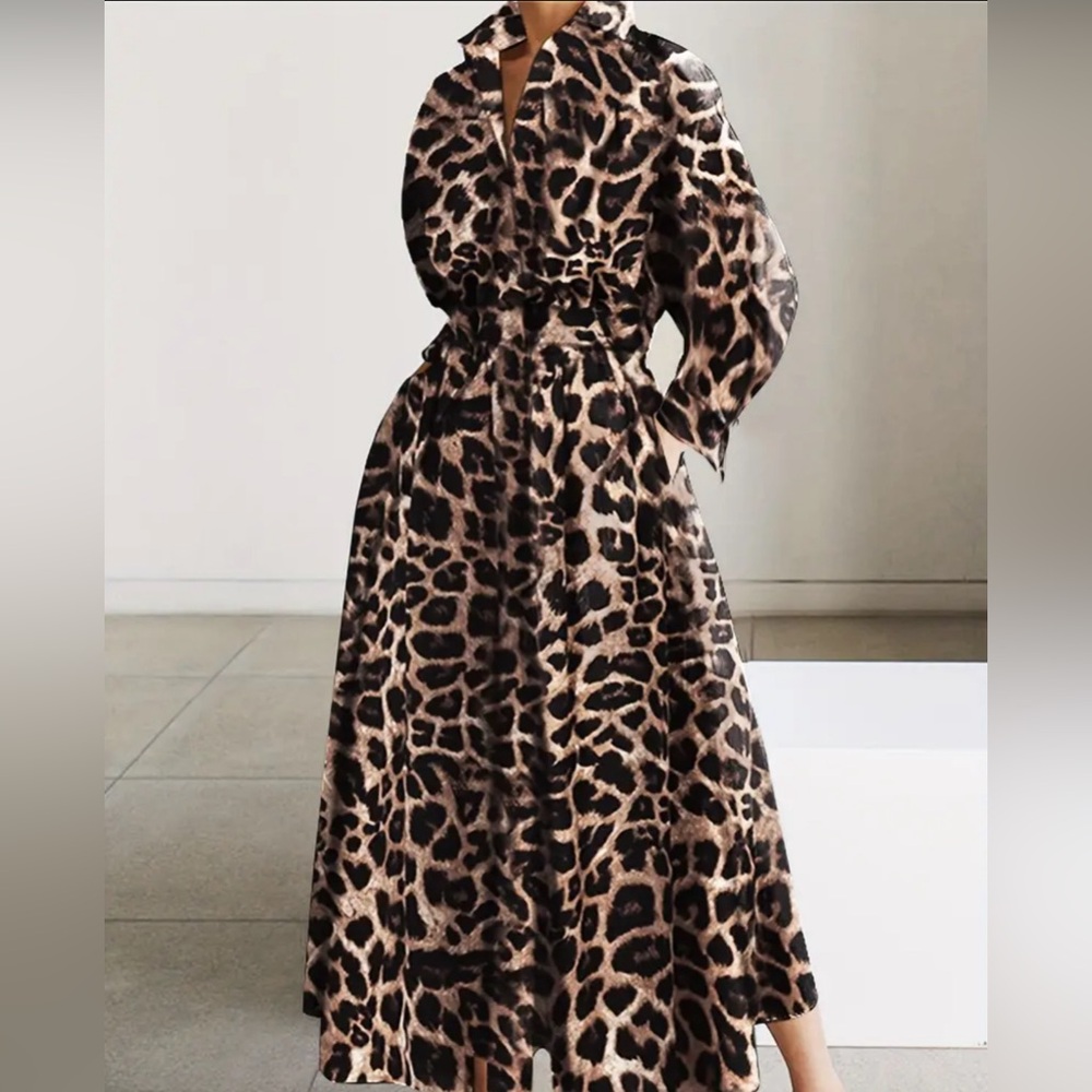 Leopard Print Maxi Dress, Casual Button Front Long Sleeve Dress